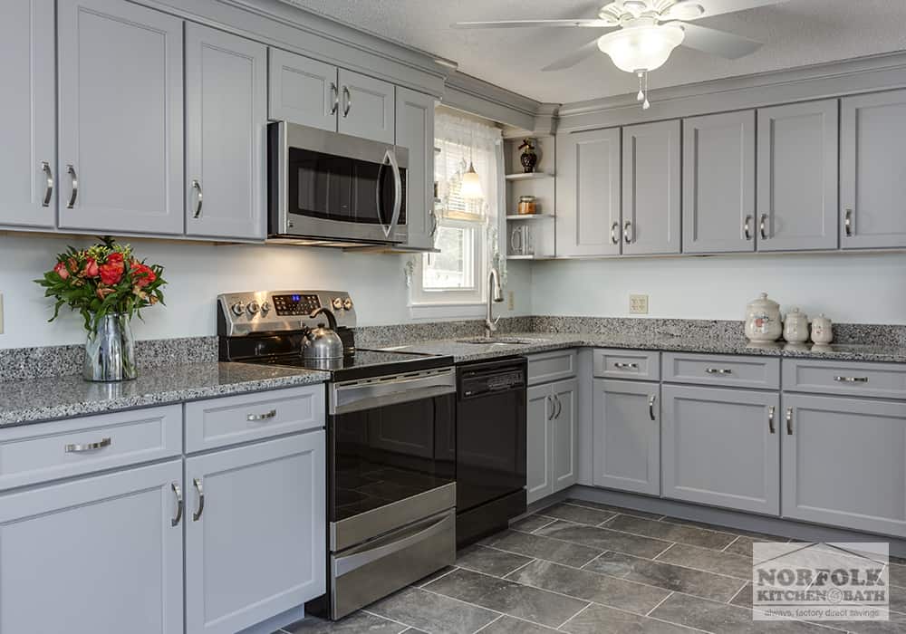 light grey kitchen with stainless appliances