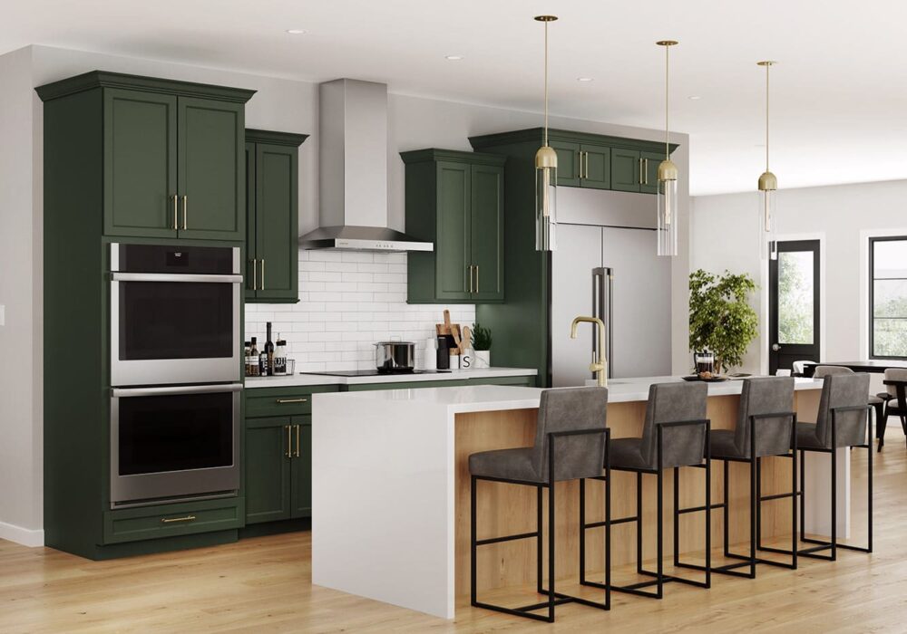 Green Custom Kitchen with natural finish island