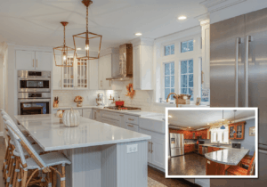 a major kitchen remodel with white kitchen cabinets and stone countertops